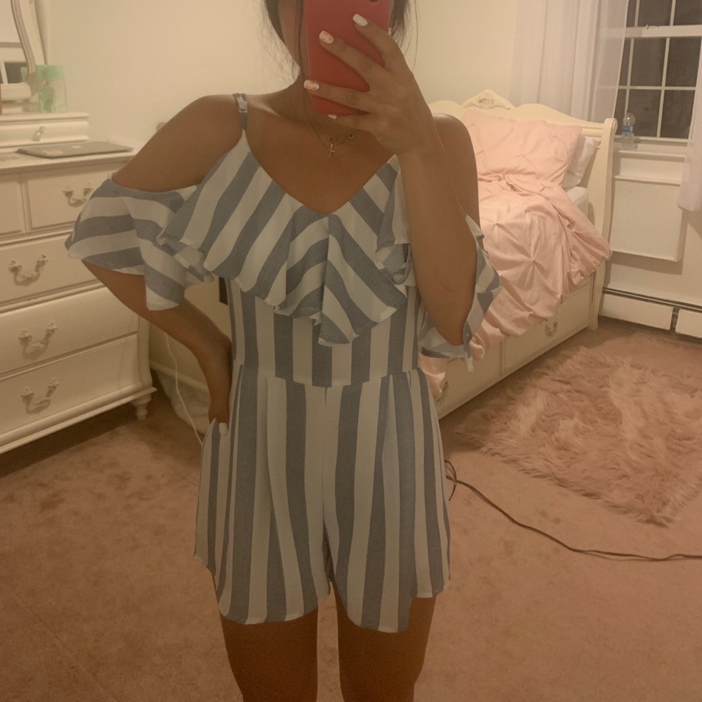 Blue and White Striped Romper